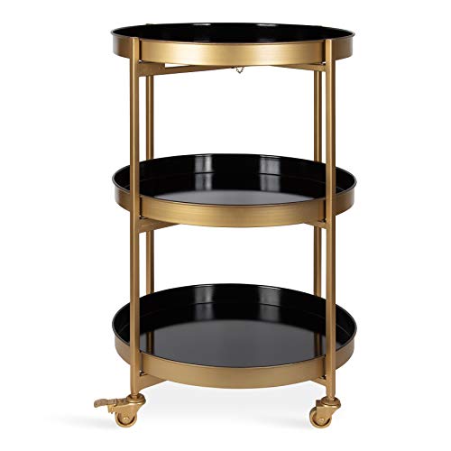 Kate and Laurel Celia Modern Glam 3-Tier Metal Tray Bar Cart, 18.5 x 18.5 x 30, Black and Gold, Decorative Round Serving Cart with Lockable Wheels