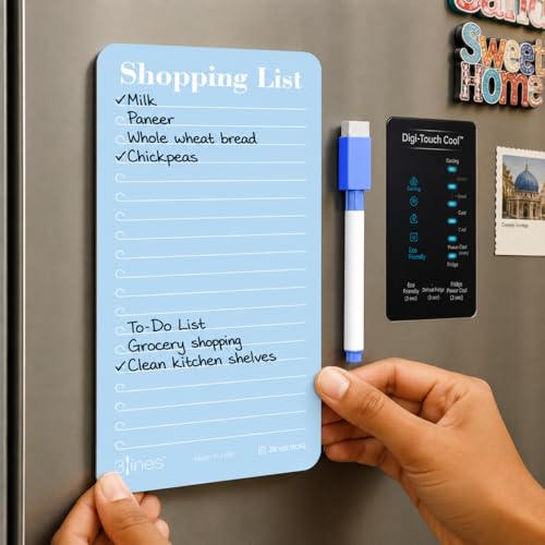 Image of 3 Lines Shopping List Fridge Magnet with Marker|Smart Planning & Shopping for Family, Working Professionals| Acrylic Magnetic Notepad for Kitchen Organisation|12x24 cms|Light Blueberry Color|Large