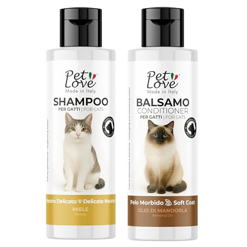 Pet Love Shampoo e Balsamo per Gatti Delicato con Azione Nutriente e Igienizzante - Districante per un Pelo Morbido e Luminoso - Set 2 x 250 ml