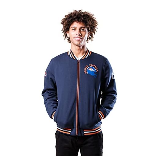 NFL Ultra Game Denver Broncos Full Zip Fleece Vintage Letterman Varsity Jacket, Medium, Team Color