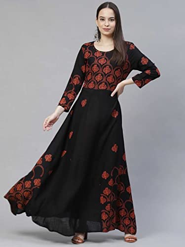 Image of Women's Floral Printed Anarkali Kurta Black Rayon A-Line Kurti for Girls