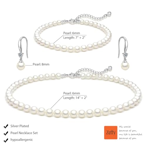 Image of Zeffy Gold Pearl Necklace for Women, Dainty 14K Gold /Silve Plated Layered Pearl Choker Pearl Earrings Pearl Bracelets Wedding Trendy Gold Jewelry Set for Women Gifts