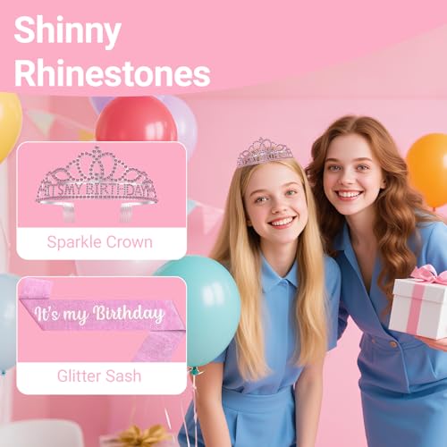 Birthday Tiara and Crown with Sash, Birthday Tiara for Women Party Pink