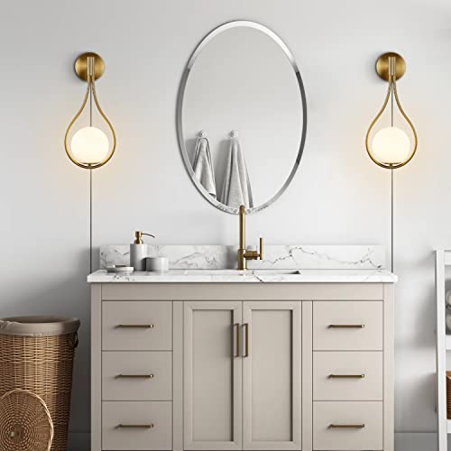 Image of Modo Lighting Glass Ball Wall Sconce Plug in Mid Century Modern Drop Design Wall Light Brushed Brass Gold Wall Lamps for Bedside Living Room (with Plug in 2 Pack) | Hardwired Cord with ON /OFF Switch, E26 Bulb Included, 5.9 inch White Milk Glass Wall Light Fixture for Bedroom Bathroom Hallway