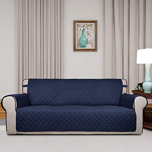 Image of PureFit Reversible Quilted Sofa Cover, Water Resistant Slipcover Furniture Protector, Washable Couch Cover with Non Slip and Elastic Straps for Kids, Pets (Oversized Sofa, Navy /Ivory)