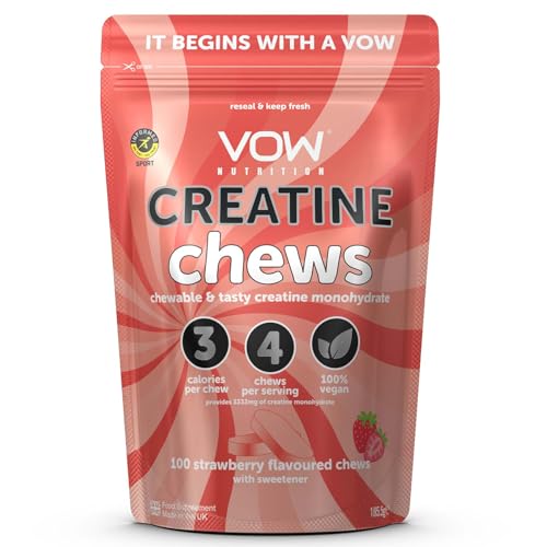 Vow Nutrition Creatine Chews,100 Strawberry Flavoured Chews, Creatine Monohydrate, Convenient & Tasty Chewable Creatine Informed Sports Approved (Strawberry)