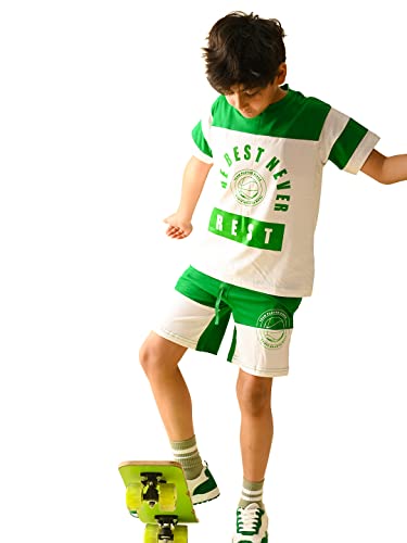 Image of LILPICKS Boys GraphicsText Printed T-shirt with Drawstring Shorts Set (White Green)