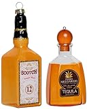 Blown Glass Tequila Ornament and Scotch Whiskey Ornament, Glass Alcohol Bottle Ornaments for Christmas Tree