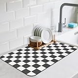 CooRug Checkered Dish Drying Mat for Kitchen Counter, Absorbent Non-Slip Coffee Mat, Heat Resistant Mat for Countertops Coffee Bar Decor 12' x 20' Black