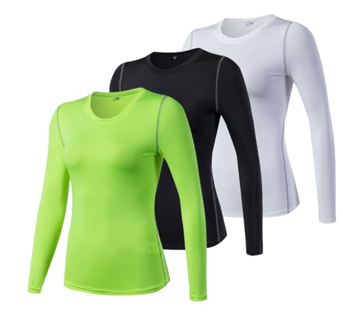 3 Pack Women's Long Sleeve Workout Shirt O-Neck Quick Dry Compression Athletic T-Shirts Yoga Gym Sports Tops