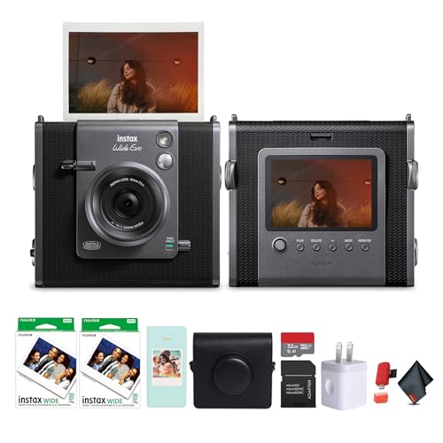 Fujifilm Instax Wide Evo Hybrid Instant Film Camera (16840957) Bundle with Fuji Instax-Wide Instant Film (40 Exposures) + Vintage Style Compatible Carrying Case + 32GB Memory Card + More
