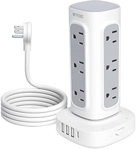 Power Strip Tower, TROND Surge Protector with 12 Widely Spaced Outlets 4 USB Ports(1 USB C), 6ft Extension Cord with Multiple Outlets, Flat Plug, Desk Charging Tower for Home, Office, Dorm Essentials