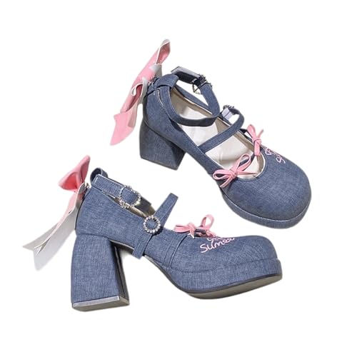 ZQW Kawaii Cute Y2K Lolita Mary Jane High Heels for Women Block Heel Platform Round Toe Sweet Bow Pumps Walking Party Shoes - Main Image
