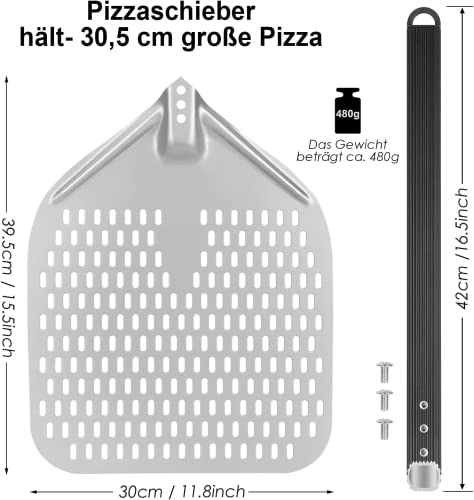 Foto von CRROEL Perforierter Pizzaschieber, 12 Zoll Perforiert Pizzaschaufel aus Hart Eloxiertes Aluminium mit Verbrühungshemmend Griff, Pizzaheber für hausgemachte Pizza,Brot,Kuchen