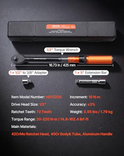 Image of VEVOR Torque Wrench, 1 /2-inch Drive Click Torque Wrench, 14.8-162.4 lbf-ft / 20-220 N.m, Dual Scale Readings, ±3% High Precision, with Extension Bar, Adapter and Storage Case, for Automotive Repair