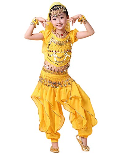 Guiran Traje De Danza De Vientre Top Pantalones Lentejuela Baile India Vestidos De Baile para Niña Mujer Amarillo Adulto Conveniente para la Altura 150-170CM Cover