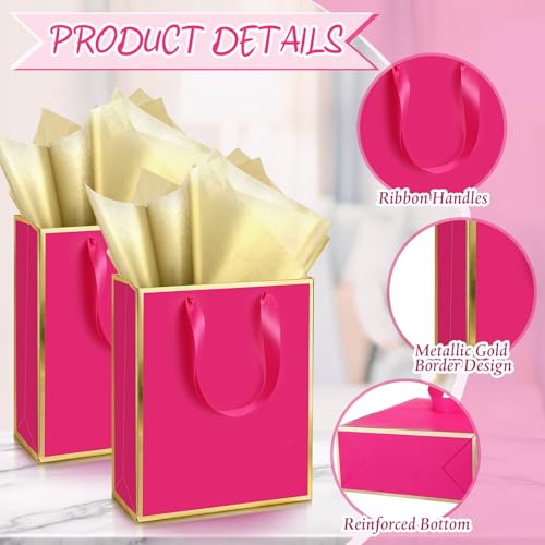 Image of Yeaqee 24 Pack Metallic Paper Gift Bags, Hot Pink, Gold | with Satin Ribbon Handle and Tissue, 9x7x3.1 Inch, Suit Business, Birthday, Christmas, Thank You Return Gifts Bags