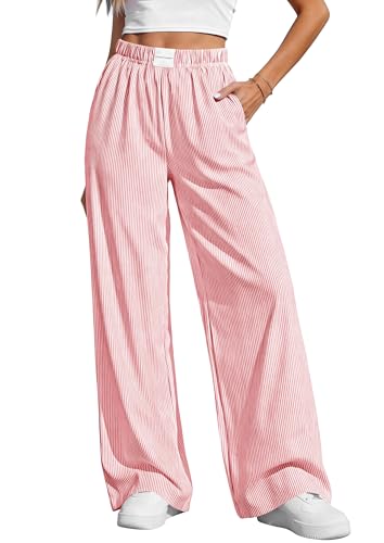 PRETTYGARDEN Women's Wide Leg Striped Pants 2025 Fall Casual High Waisted Baggy Palazzo Lounge Trousers Fashion Bottoms (Red,Large)