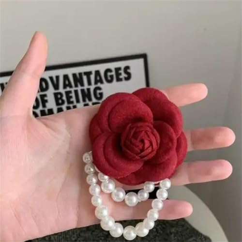 Image of Elegant Camellia Flower Faux Pearl Brooch Pin,Bohemian Fabric Flower Brooch Pins Pearl Tassel for Women Teen Girls, Corsage Wedding Brooches Clothes Dress Coat Accessories Jewelry Gift (Red)