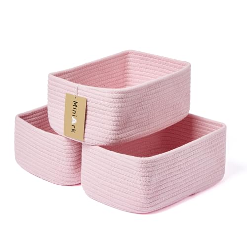 Image of MiniArk Small Storage Baskets for Organizing | Closet Organizer Bins | Shelf Toy Basket | Woven Rope Baskets | Cube Decorative Box | Shallow Basket | 11.5x7.5x4.7” | 3 Packs Pink