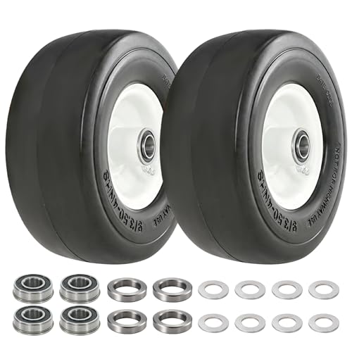 9x3.50-4 Flat-Free Lawn Mower Tire Solid Smooth Tire with 3/4 and 5/8 Axle Bore 3.5-5 Centered Hub 9 Solid Tire for Zero-Turn Mowers Garden Carts Wheelbarrows 2pcs