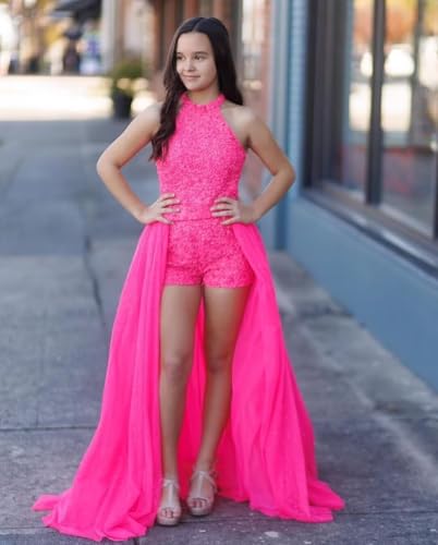 Girls Sequin Jumpsuits Pageant Dress Halter Short Flower Girl Dress Tulle Cape Two Piece Romper Maxi Dress2