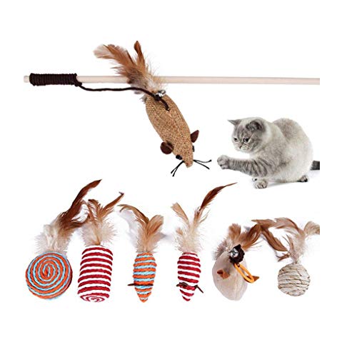Image of PETS EMPIRE 7pcs /Set Wood Pet Catcher Teaser Stick Replaceable Feathers Playing Wand Pet Teeth Molar Biting Toys