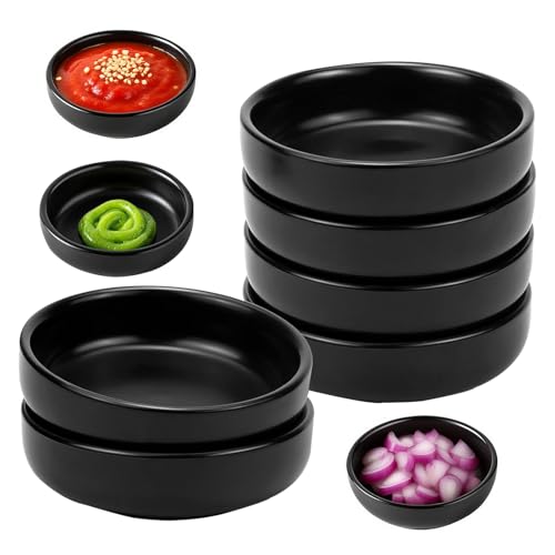 Ciotole per Salsa di Soia, 6 Pezzi Rotonde Piatti in Ceramica per Spezie, 9 x 9 x 2,4 cm Mini Ciotole in Ceramica, Ciotola per Dip, per Accessori per Barbecue, Réunion Familiale(Nero)