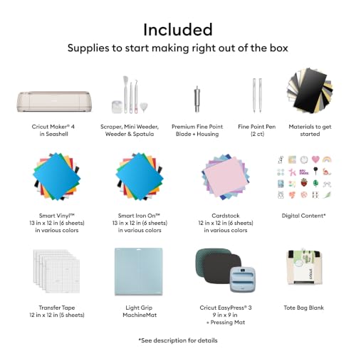 Image of Cricut Maker 4 - Smart Cutting Machine (Seashell) | Engagement Plus Bundle | Includes EasyPress 3 Heat Press (9x9) + Mat, Tote Bag, Material Samplers, Machine Mat, Pens, Tools, & 30 digital images