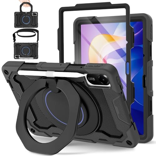 ROISKIN für Xiaomi Redmi Pad 2 Hülle 11 Zoll 2025 mit Bildschirmschutz, Schultergurt, Stifthalter, Heavy Duty Stoßfeste Military Hülle für Redmi Pad 2, 360°Drehbarer Ständer für Kinder, Schwarz
