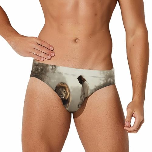 Man and Lion Printed Swim Briefs for Men Sexy Bikini Swimwear Elastic Beach Trunks Bathing Suit