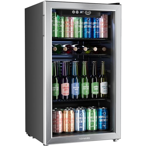 hOmeLabs Beverage Refrigerator and Cooler – 120 Can Mini Fridge with Glass Door for Soda Beer or Wine – Small Drink Dispenser Machine for Office or Bar with Adjustable Removable Shelves