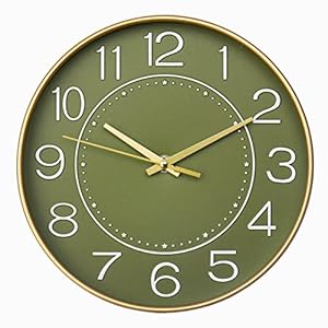HZDHCLH Wall Clock 10 Inch Silent Non Ticking Clock Round Wall Decor，Wall Clocks for Living Room Kitchen Office (Golden Green)