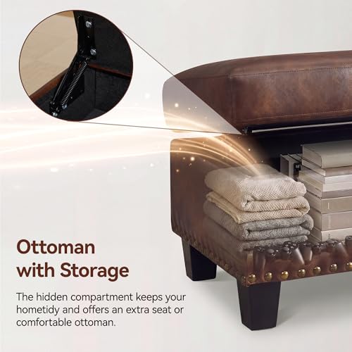 Image of 34.3 inch Faux Leather Modular Sectional Single Couch with Storage Ottoman, Vintage PU Leather Lounge Sofa Chair with Nailhead Trim, Mid Century Modern Tufted Couches for Living Room,Bedroom,Office, Brown