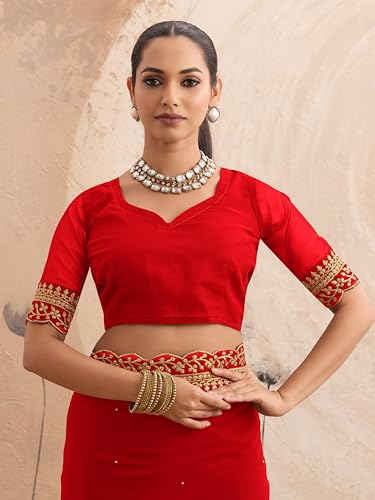Image of Women's Georgette Embroidery Border Beads work Saree with Blouse Piece