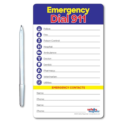 Safety Magnets by ZOCO – Emergency Numbers List with Marker – Write-On Refrigerator Magnet for Important Phone Numbers & Contacts – 5.25 x 8.5 inch