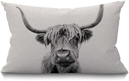 Smooffly Cow Decorative Pillow Cover Farmhouse Portrait of a Highland Cow Cattle Ox Horn Hairy Grey White Cotton Linen Decorations Cushion Case for Sofa Couch Cotton Linen 12x20 Inches