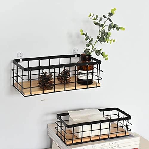 Cesta de almacenamiento de metal con base de madera natural y rejilla negra 7