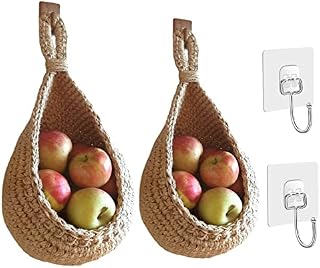 DIYARTS 2 PCS Hanging Wall Basket Teardrop Hanging Baskets, Hand Woven Wall Mounted Vegetable and Fruit Basket, Plant Woven Storage Basket for Kitchen Decoration, Living Room, Porch, Large and Small