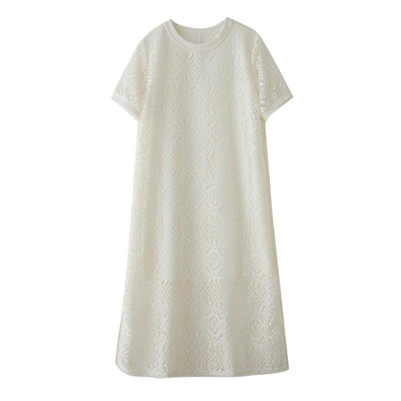 Robe dentelle manches courtes motif creux ajouré coupe ample texturée - 5