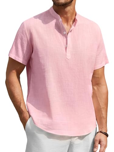 Enlision Chemise Lin Homme Manches Courtes Rose Clair Chemises Col Mao pour Hommes Été Leger Chemisette de Plage Classique Décontractée Henley Tee Shirt...