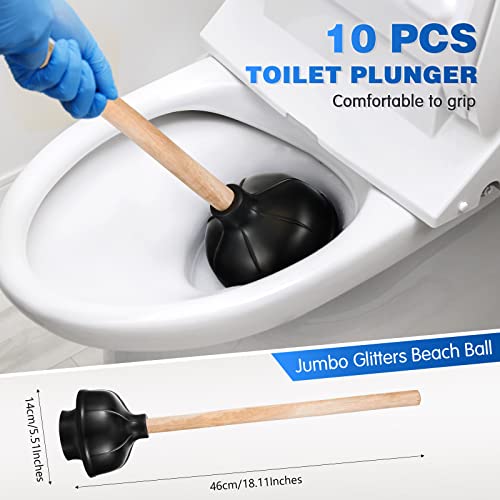 Tanlade 10 Pcs Toilet Plungers for Bathroom Heavy Duty 18 Inch Bulk Black Commercial Plungers with Double Thrust Force Rubber Suction Cup and Long Wooden Handle for Stores Restaurants