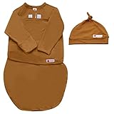 embe Long Sleeve Swaddle Blanket Sack & Beanie Hat for Babies 0-3 Months - Sand, 6-14 lbs | Arm and Legs In & Out Design | Hip Healthy