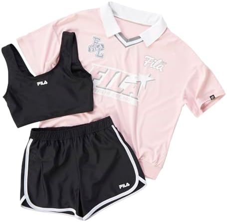 Fila 125662 Girls' Casual Swimsuit, Collared Shirt, Spo Bra, Culotte Pants, 3-piece Set, Pink, 130