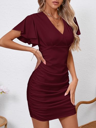 Image of Women's Sexy V Neck Ruffle Sleeve Bodycon Mini Cocktail Party Dress Casual Short Sleeve Work Dress