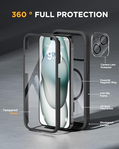 Image of Miracase Magnetic for iPhone 15 Plus Case 6.7'',only for 15 Plus Phone Case Cover with Built-in 9H Tempered Glass Screen Protector,not for Pro /Pro Max,Magnetic Black