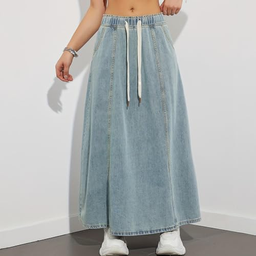 Women's Plus Size Vintage Washed Denim Maxi Skirt High Waist Elastic Drawstring Loose Flared for Summer Trendy4