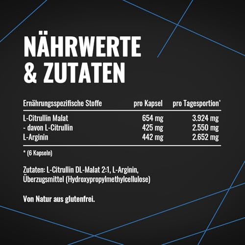 L-Arginin + L-Citrullin - 180 Kapseln - Hochdosiert 1096 mg pro Kapsel - Citrullin + Arginin Base - Aminosäuren - Vegan