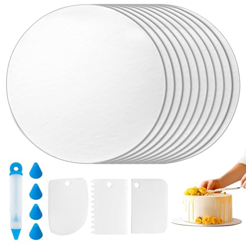 Annickee 10 Piezas Base para Tartas Ø 20 cm, Reutilizable soporte para Tartas Blanca con Espátula y Boquillas, Bandeja Carton para Tartas de 3 mm de grosor para Bodas, Cumpleaños, Fiestas