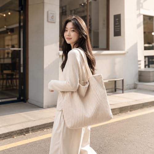 Image of Kawn Korean Tote Bag Aesthetic Corduroy Canvas Handbag for Women Zipper Casual Large Capacity Shoulder Bag with Pockets Versatile Everyday use for College Work Travel & Shopping